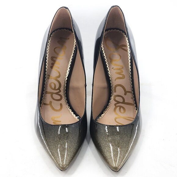SAM EDELMAN Hazel Black Gold Simmer Patent Leather Stiletto Dress Pump - Picture 3 of 10